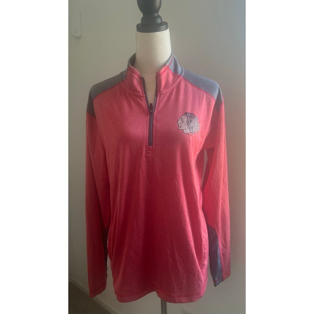 NHL Men's Chicago Blackhawk Red Gray Long Sleeve 1/4 Zip Shirt w/ Pockets M